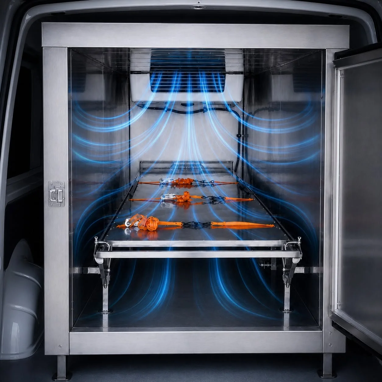 Refrigerated transport compartment with visible blue airflow over a secure platform