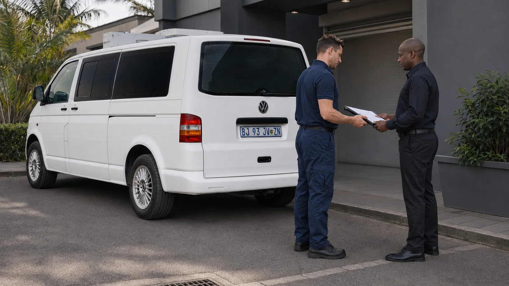 Transport handover beside a refrigerated Body Transport Solutions vehicle