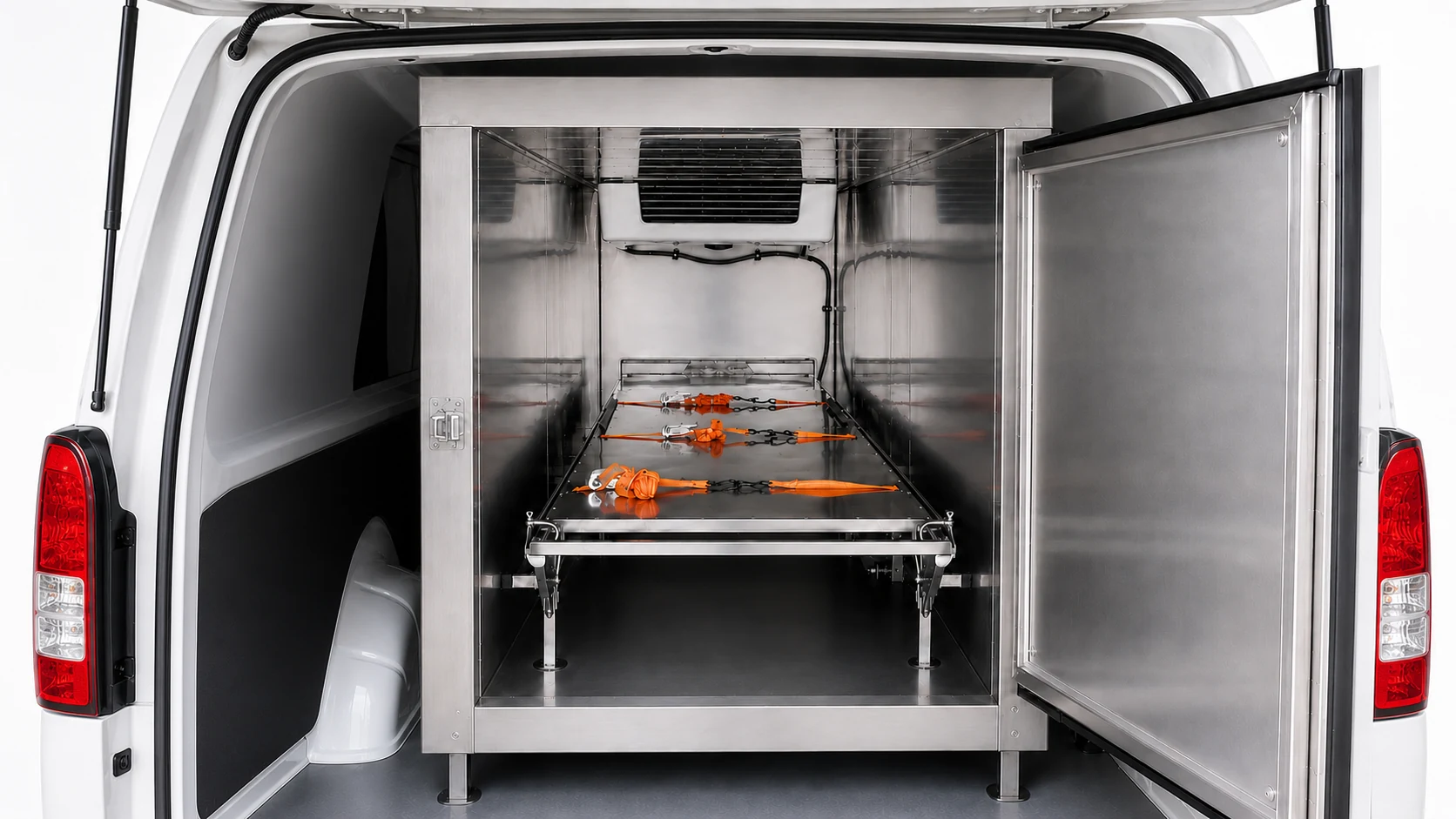 Refrigerated conversion with its lift-up rear hatch open and secure stainless-steel transport platform visible