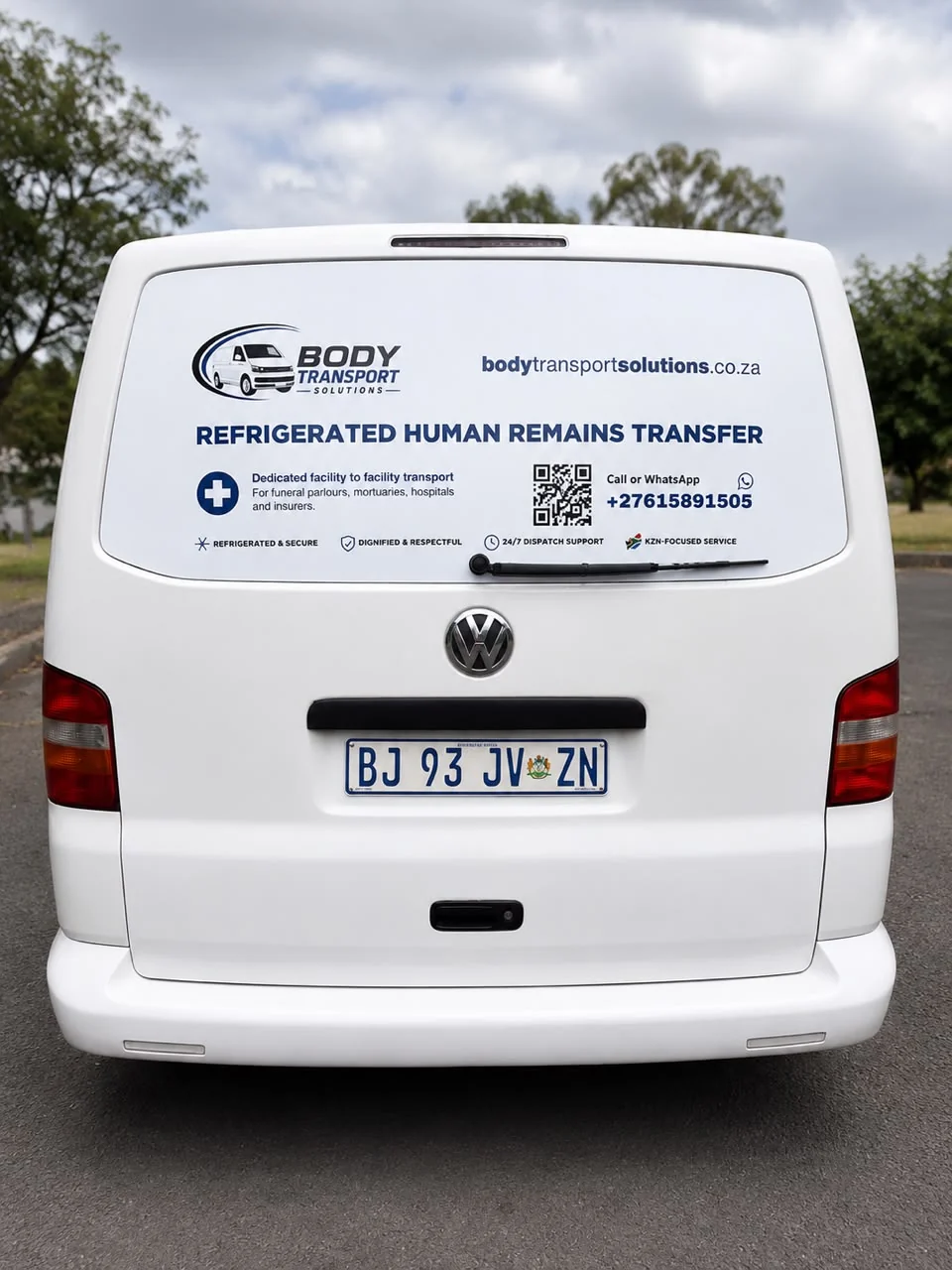 Rear view of the branded refrigerated transport vehicle