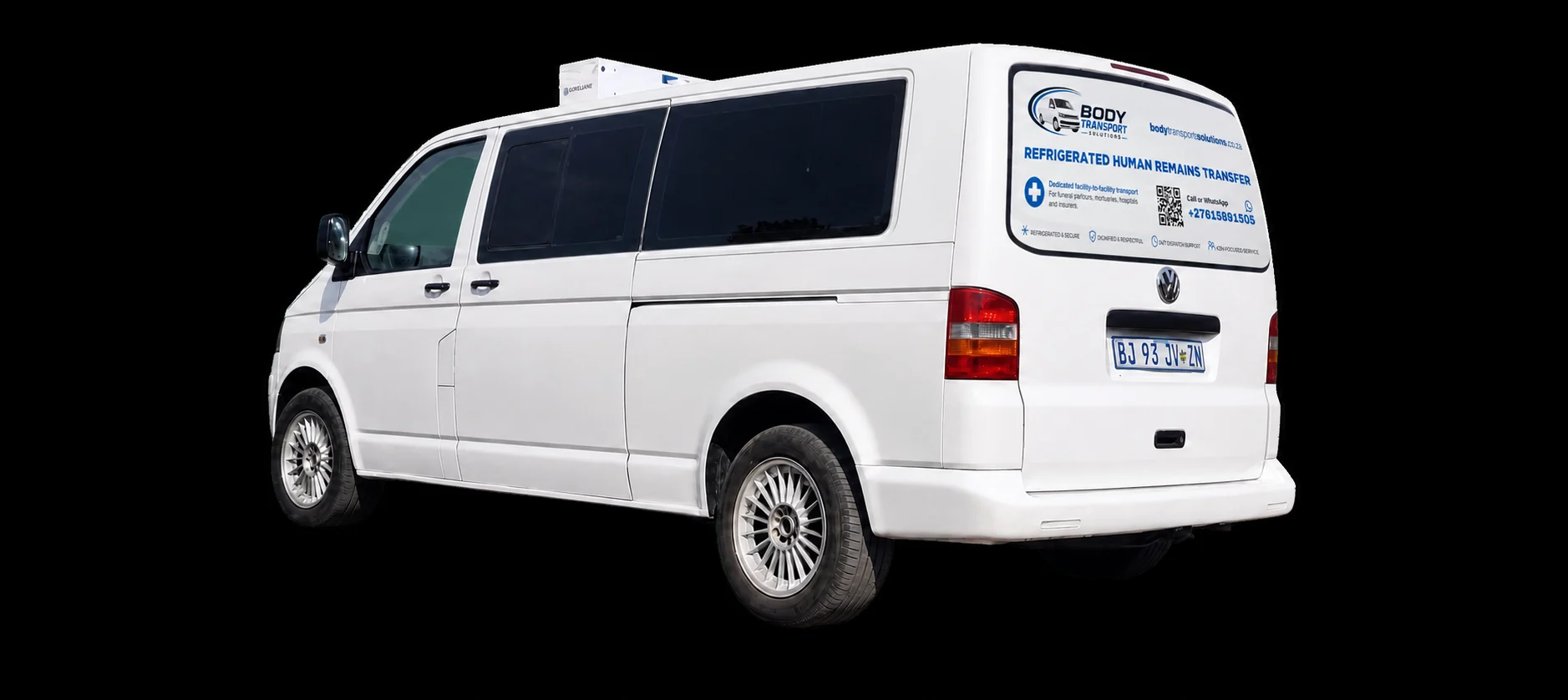Branded Body Transport Solutions refrigerated vehicle viewed from the rear and side